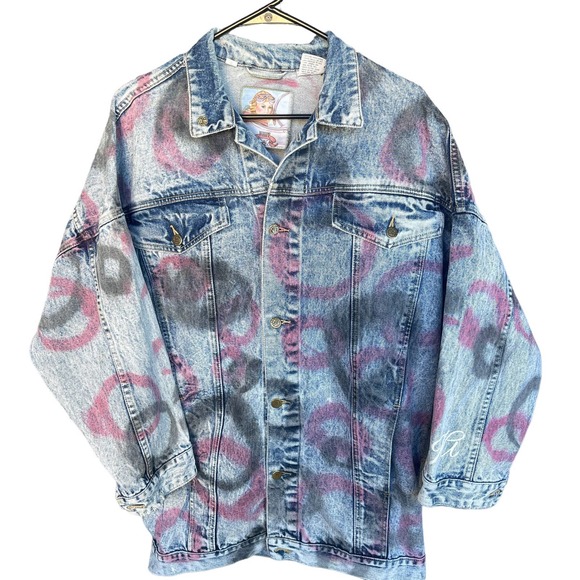 Vintage Whipp Jean Jacket Womens Medium Acid Wash Graffiti Longline Button Front - Picture 1 of 13